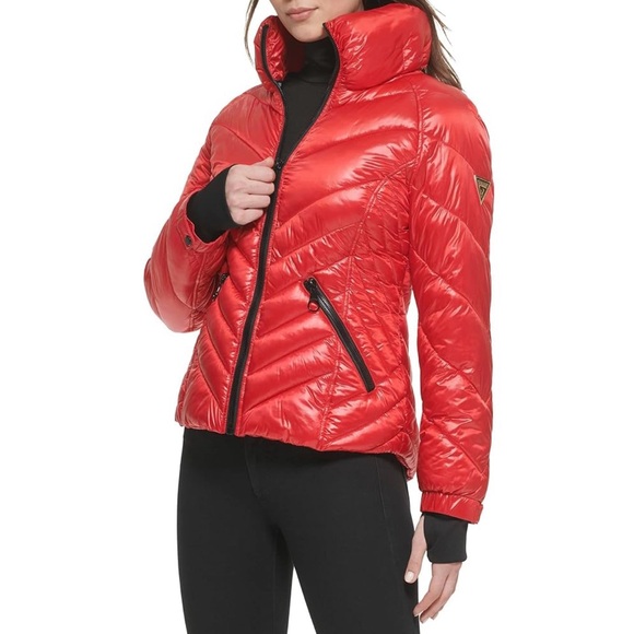 GUESS Women’s Storm Cuffs Quilted Transitional Red Puffer Jacket Size Large - Picture 3 of 16